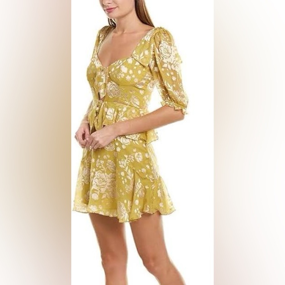 For Love And Lemons Mustard Yellow Floral Tie-Waist Mini Dress